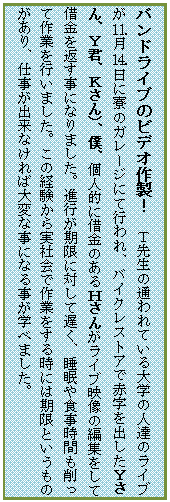 �e�L�X�g �{�b�N�X: �o���h���C�u�̃r�f�I�쐻�I�@�s�搶�̒ʂ��Ă����w�̐l�B�̃��C�u��⒒��⒕���ɗ��̃K���[�W�ɂčs���A�o�C�N���X�g�A�ŐԎ����o�����x����A�x�N�A�j����j�A�l�A�l�I�Ɏ؋��̂���g���񂪃��C�u�f���̕ҏW�����Ď؋���Ԃ����ɂȂ�܂����B�i�s�������ɑ΂��Ēx���A������H�����Ԃ�����č�Ƃ��s���܂����B���̌o��������Љ�ō�Ƃ����鎞�ɂ͊����Ƃ������̂�����A�d�����o���Ȃ���Α�ςȎ��ɂȂ鎖���w�ׂ܂����B