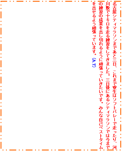 �e�L�X�g �{�b�N�X: ���É��V�e�B�}���\���܂ł��ƎO���A����܂ŗ����̓\�t�g�o���[�ő�������A�͐�~�ŏ\�L���𑖂���K�����Ă��܂����B�O����ɂ���V�e�B�}���\���ł͍��܂ł̗��K�̐��ʂ��o���؂��悤�Ɋ撣���Ă��������ł��B�݂�Ȏ��ȃx�X�g�^�C�����o����悤�撣���Ă��܂��B�iA.T�j