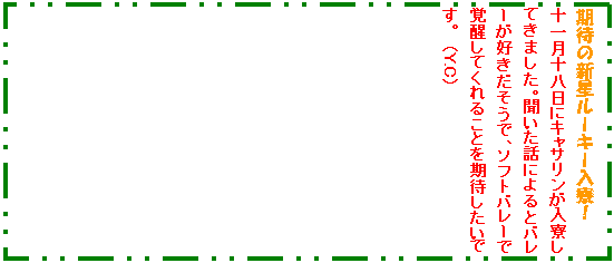 �e�L�X�g �{�b�N�X: ���҂̐V�����[�L�[�����I
�\�ꌎ�\�����ɃL���T�������������Ă��܂����B�������b�ɂ��ƃo���[���D���������ŁA�\�t�g�o���[�Ŋo�����Ă���邱�Ƃ����҂������ł��B�@�iY.C�j
